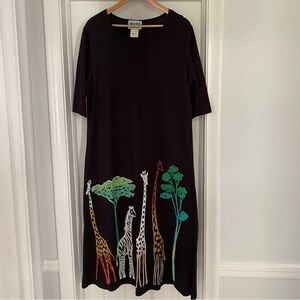 Coconut Bay Black Cotton Dress Safari Giraffe Zebra Lagenlook Art Teacher Sz M